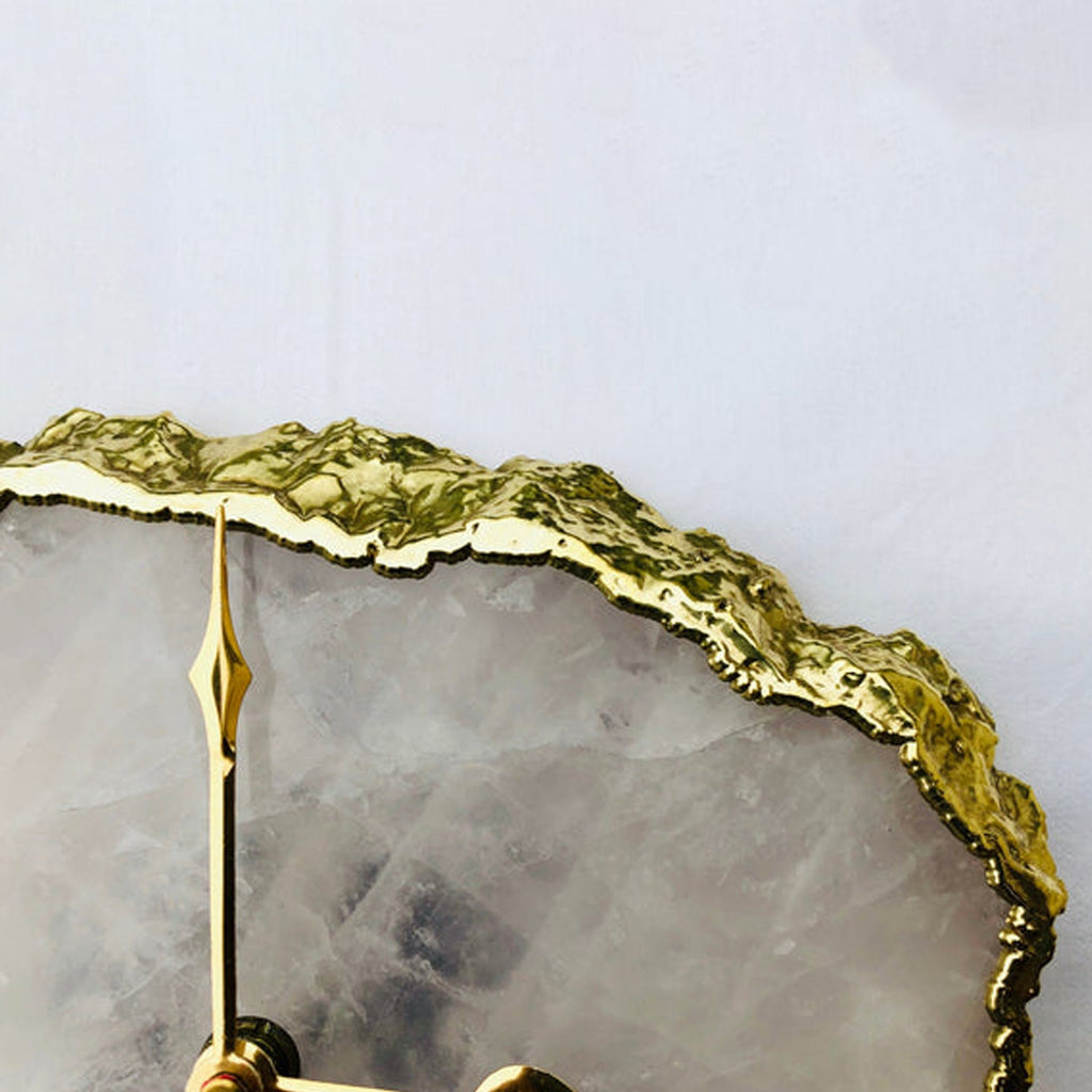 Large natural pink rose quartz desk and wall clock with electroplated gold metallic edges — view 2
