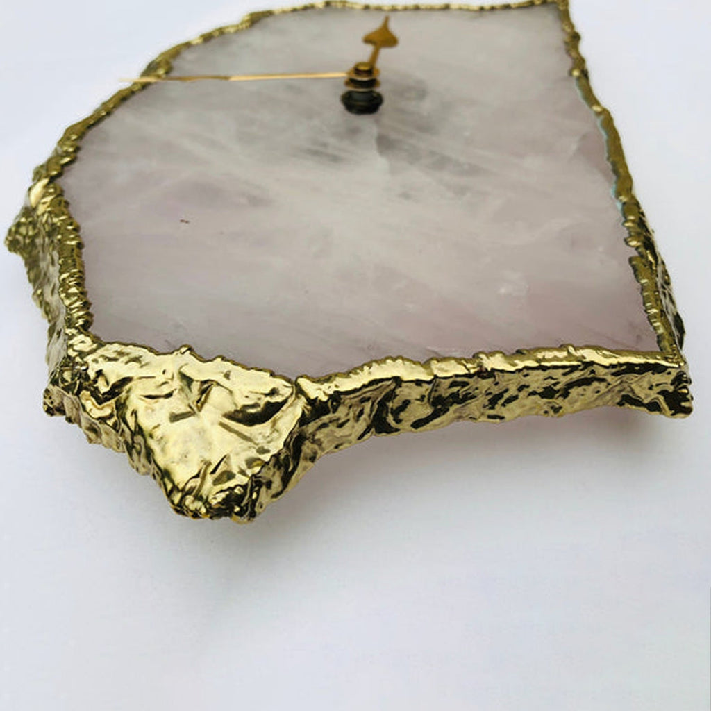 Large natural pink rose quartz desk and wall clock with electroplated gold metallic edges — view 3