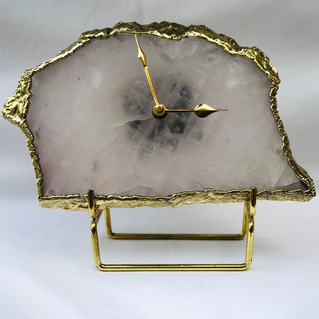 Large natural pink rose quartz desk and wall clock with electroplated gold metallic edges — view 4