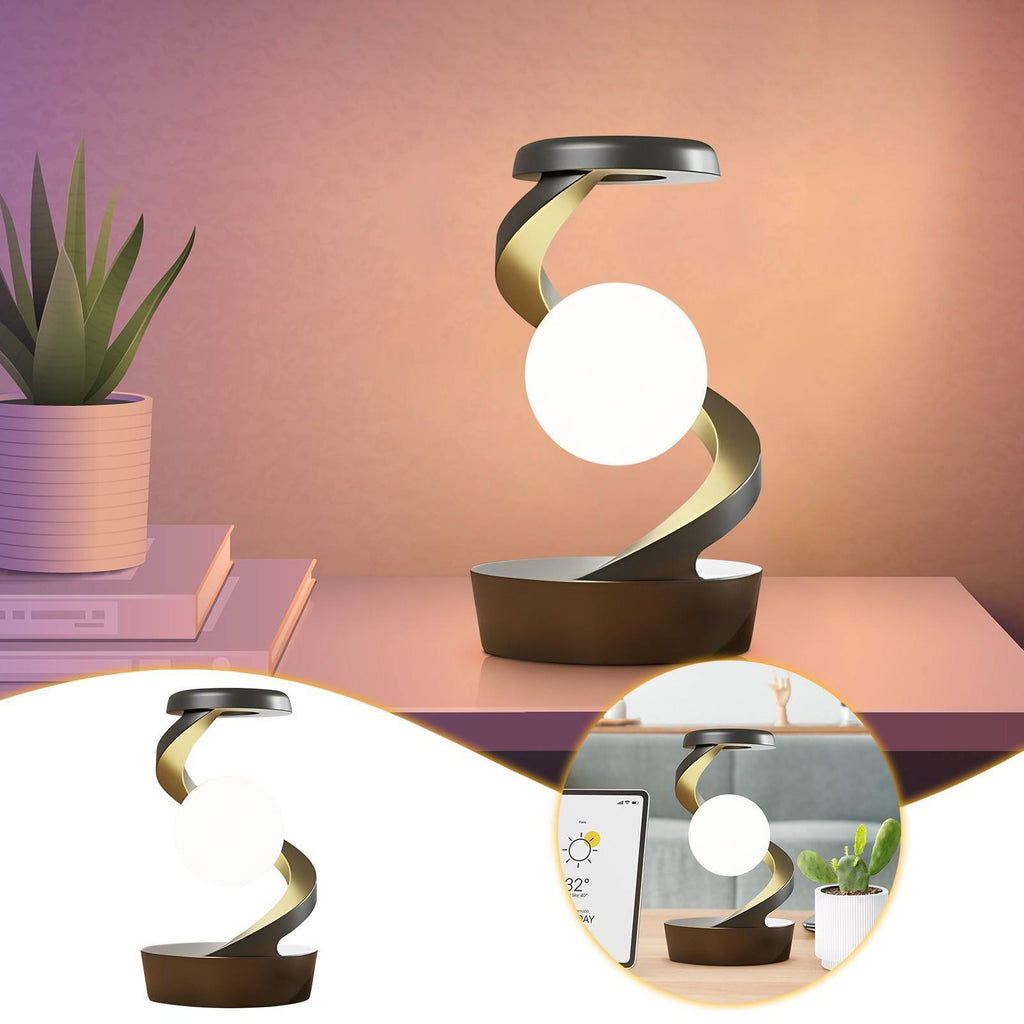 Rotating moon desk lamp with wireless charging base and modern white floating night light shade — view 3