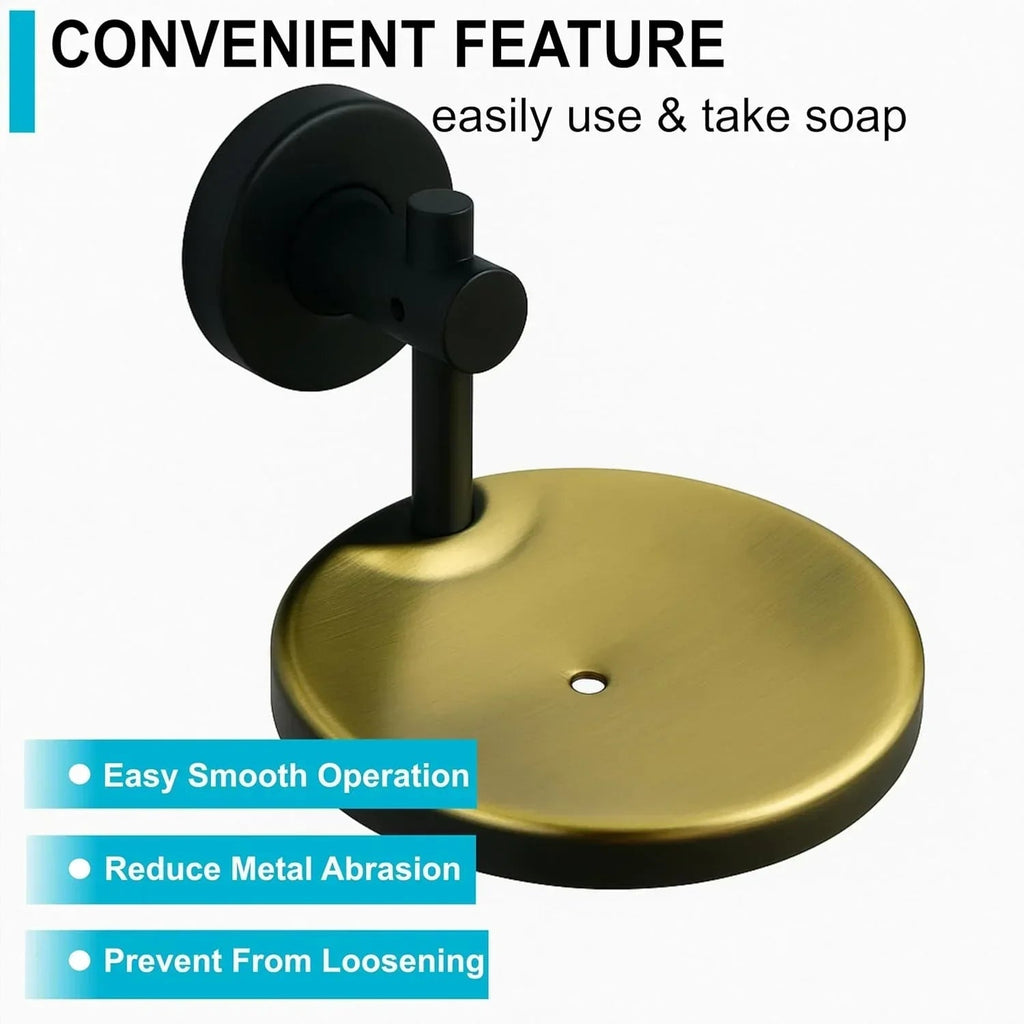 Round wall mounted stainless steel soap dish in matte black and gold finish for modern bathrooms — view 3