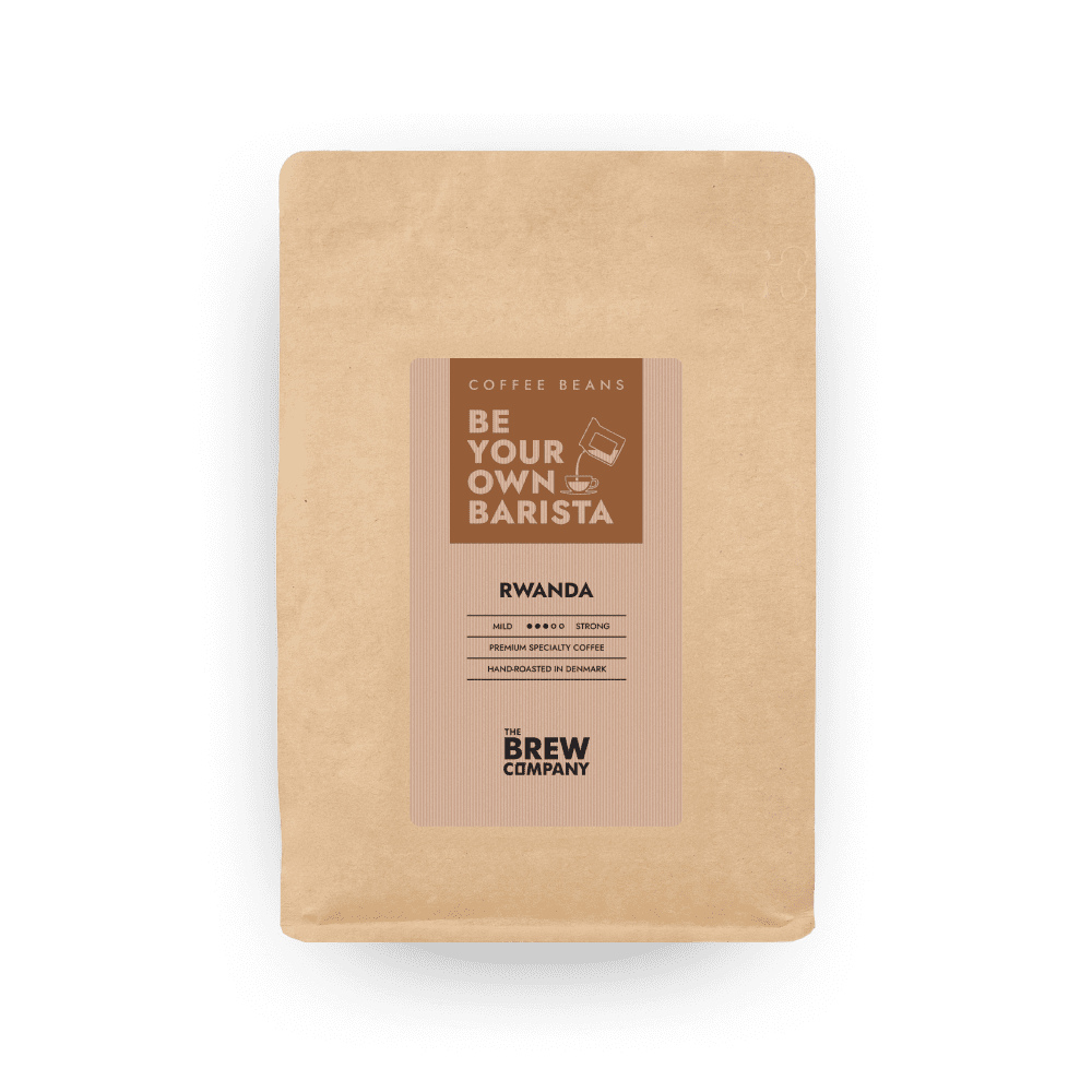 Freshly roasted Rwanda whole coffee beans in an eco-friendly kraft paper bag.