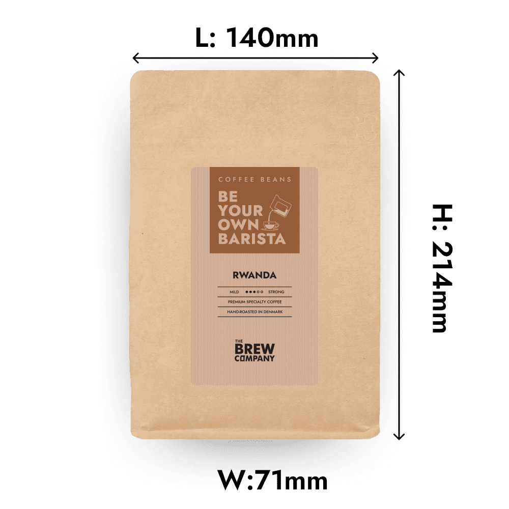 Freshly roasted Rwanda whole coffee beans in an eco-friendly kraft paper bag. — view 2