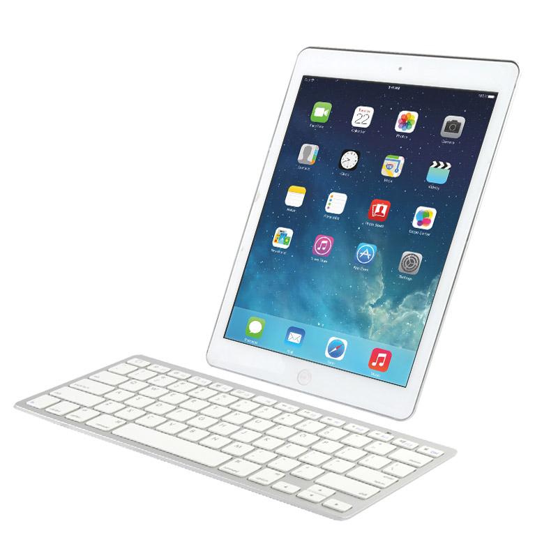Ultra-thin white and silver Bluetooth keyboard for tablets, smartphones, and gaming consoles