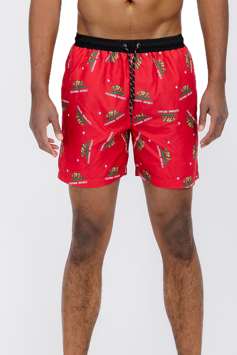 Duplicated Cali Rep print swim shorts with a 5.5 inch inseam and breathable mesh lining