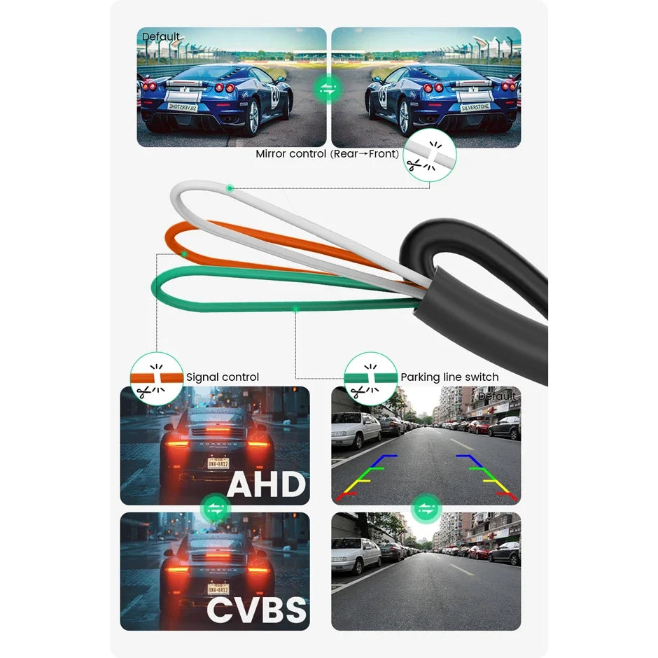 Black 1080P car backup camera with wiring cables for front and rear view installation — view 5