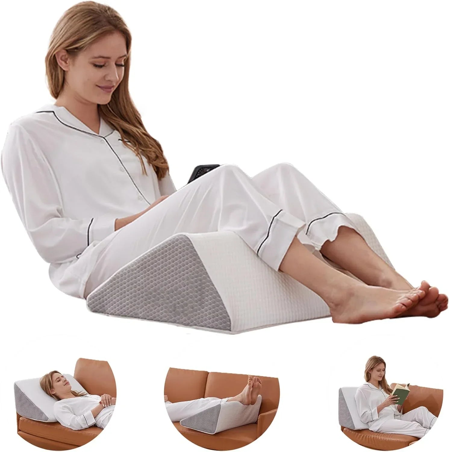 White and gray memory foam wedge pillow for bedridden support, leg elevation, and recovery — view 5