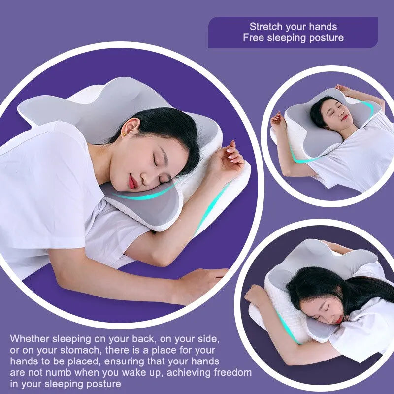 Grey butterfly shaped memory foam pillow with breathable contour design for ergonomic neck support — view 3