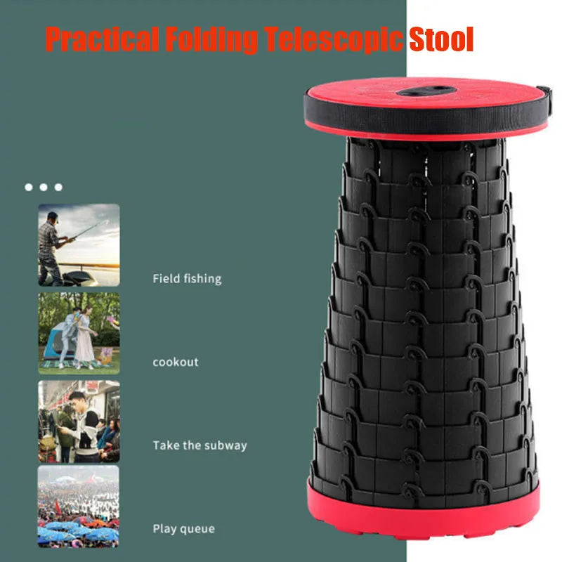 Red portable retractable outdoor stool for camping and beach trips made of durable plastic — view 2