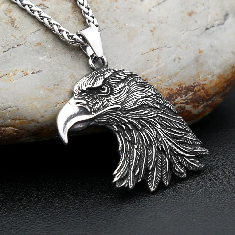Gothic vintage eagle head pendant necklace in silver stainless steel on a chain — view 2