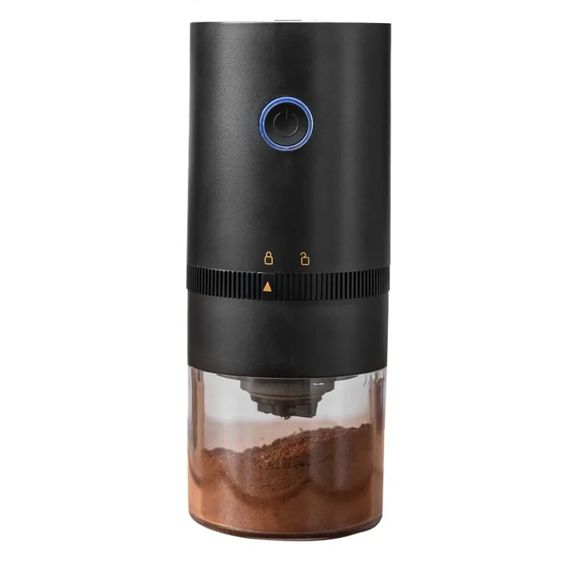 Black portable USB-C rechargeable coffee grinder with ceramic burr mill and clear powder chamber