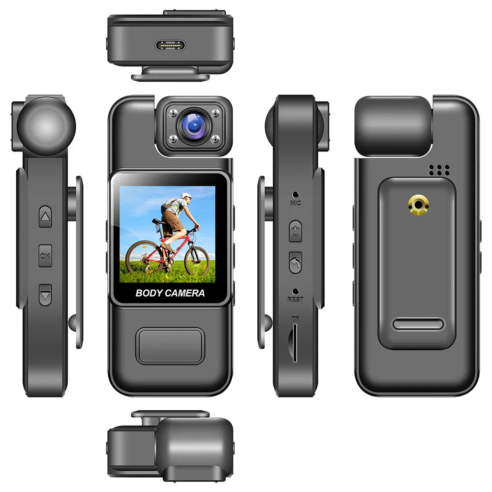Black WiFi mini body camera with wearable back clip color display screen and adjustable lens