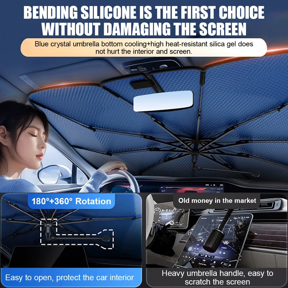 Car windshield sunshade umbrella in white deployed inside a vehicle blocking sunlight — view 4