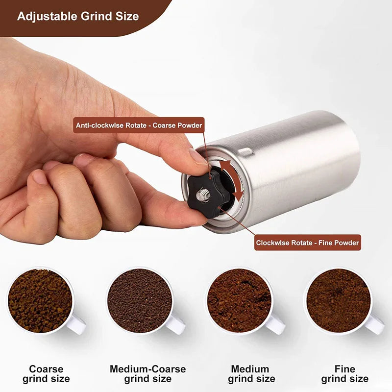 Silver stainless steel manual coffee grinder with hand crank and ceramic burr mechanism — view 2