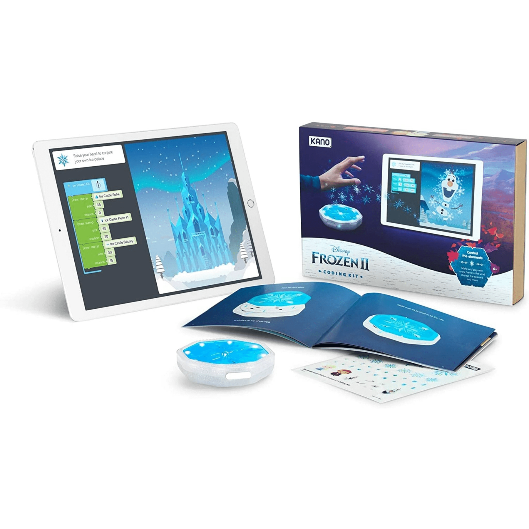 Kano Disney Frozen 2 coding kit box and motion sensor components with app interface displayed.