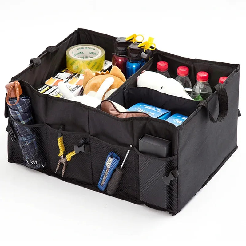 Large-capacity black collapsible car trunk organizer with multiple storage compartments and reinforced carrying handles — view 3