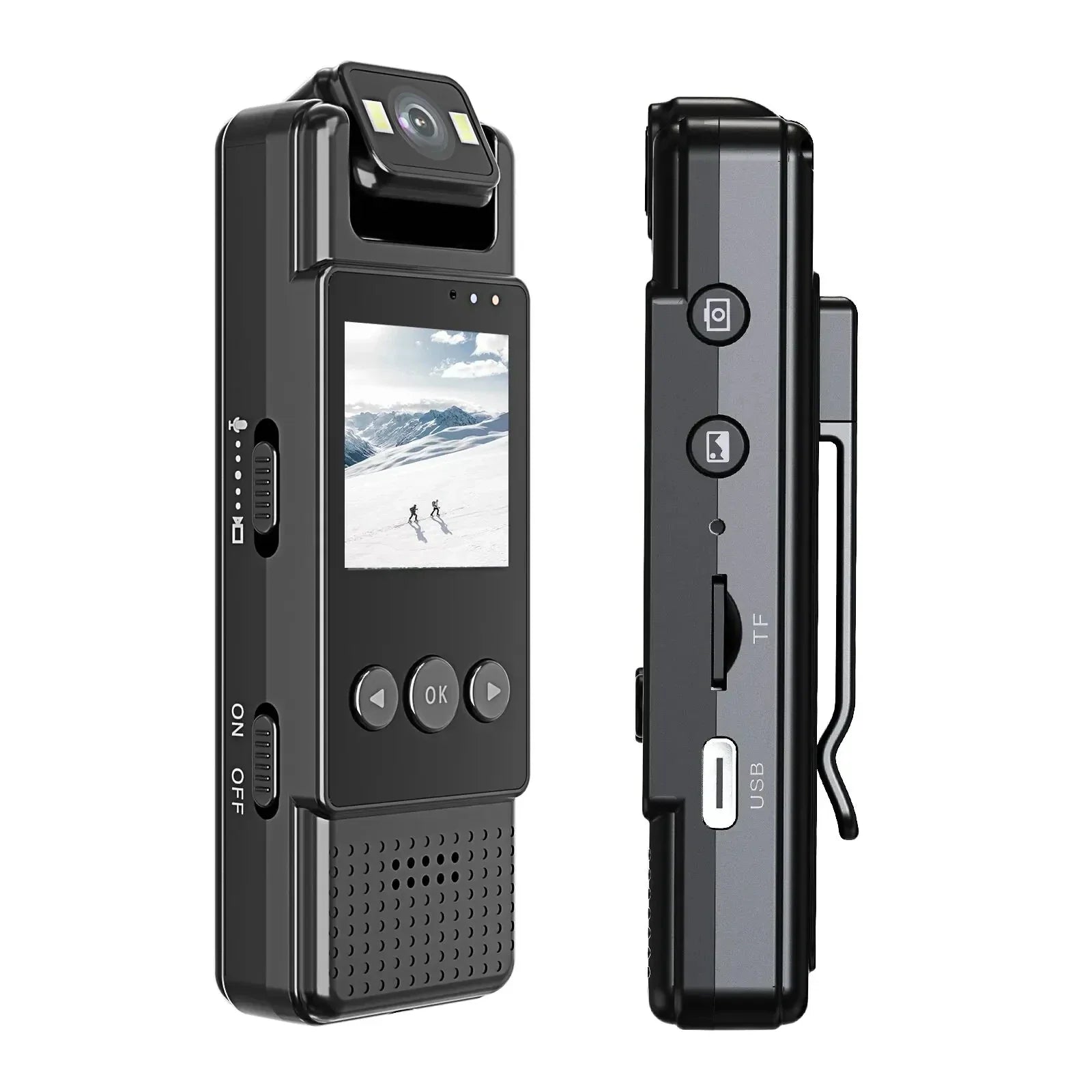 Black mini 1080P digital body camera with 180-degree rotatable lens and color LCD screen
