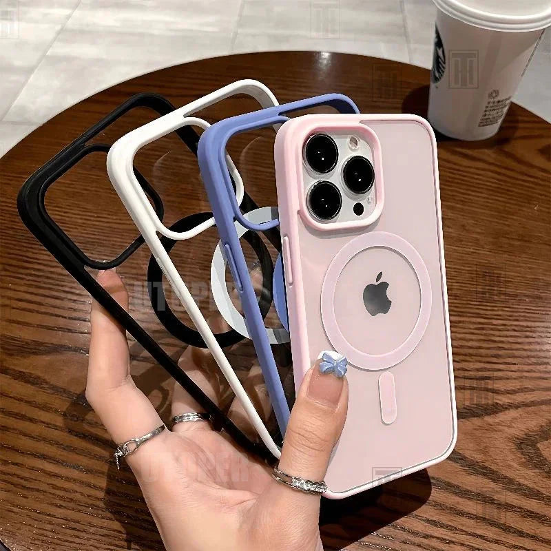 Pink transparent acrylic MagSafe iPhone case with shockproof magnetic ring design — view 4