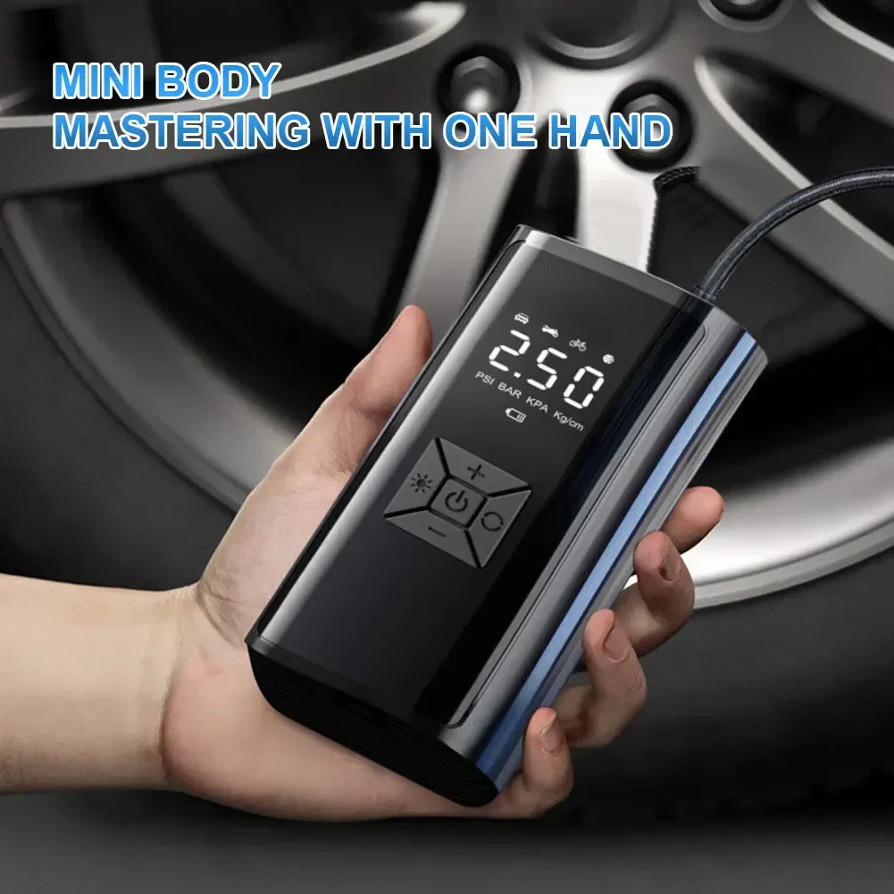 Black wireless handheld 120W digital tire inflator and air compressor for cars and bicycles. — view 3
