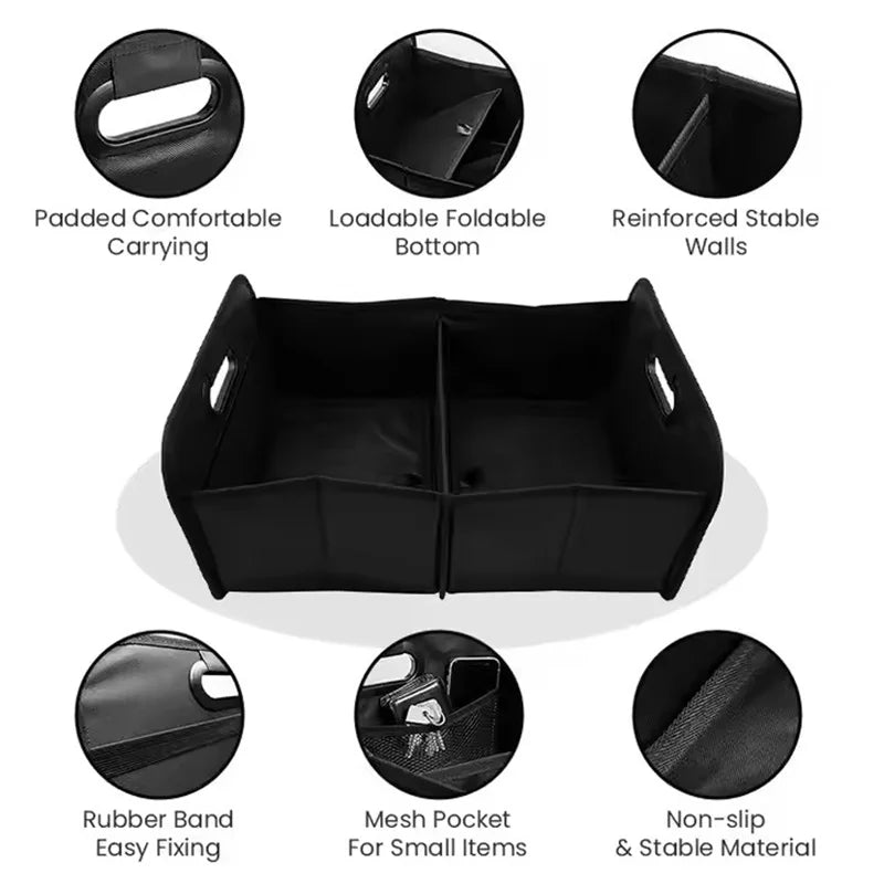 Black large collapsible trunk storage box organizer with multiple side pockets and interior compartments — view 2