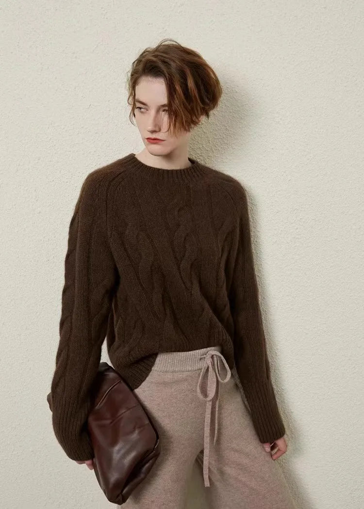 Womens thick pure cashmere crewneck sweater with twist knit texture and loose fit — view 3