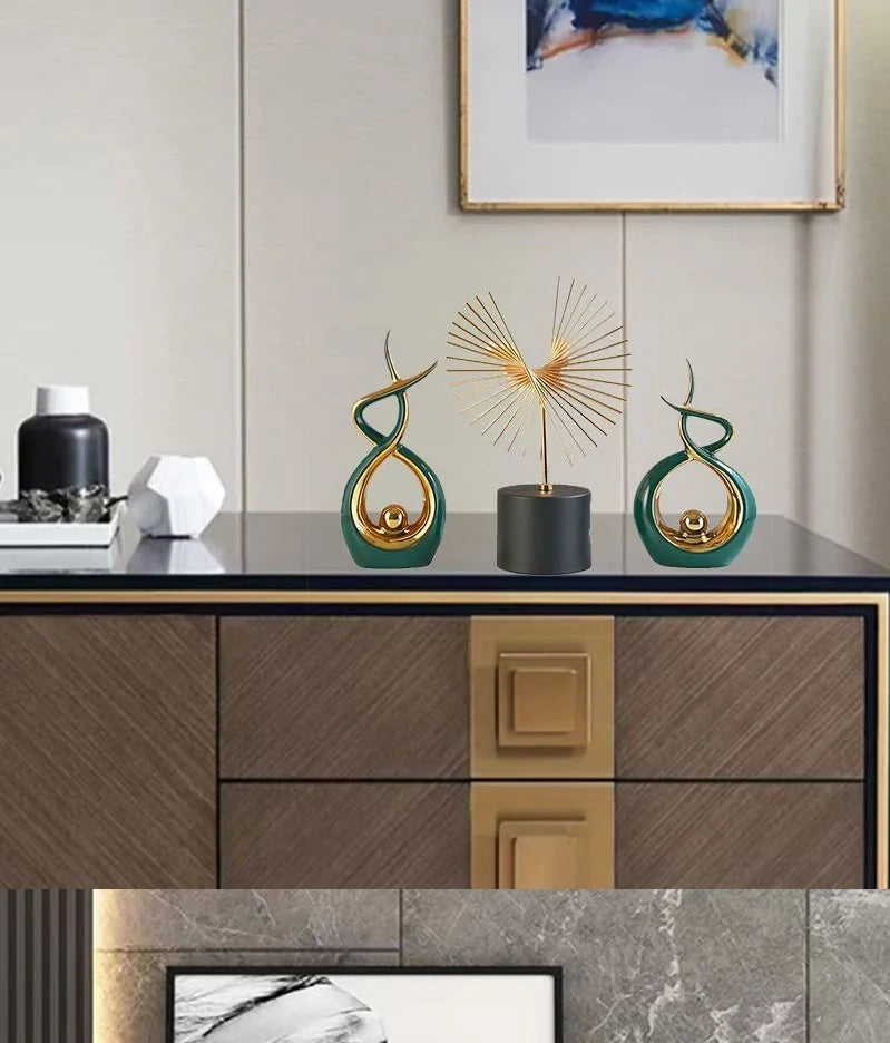Set of two elegant green abstract resin sculpture statues displayed as modern home decor — view 4