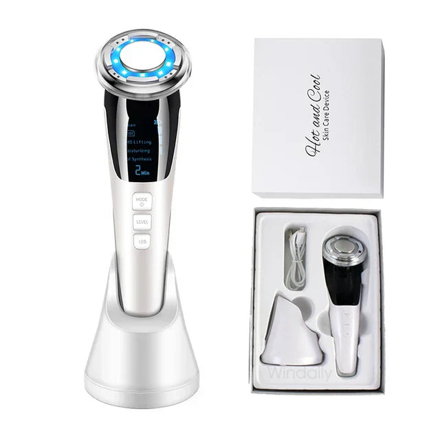 EMS face lifting beauty device in white with LED light and metallic massage head — view 2