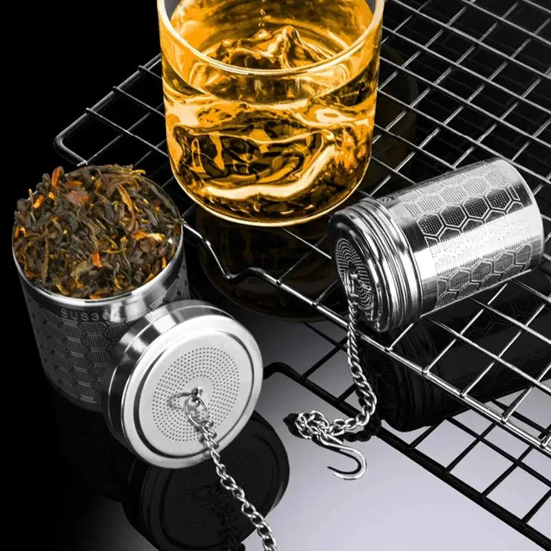 Fine mesh stainless steel tea infuser, silver reusable strainer with a secure locking lid and chain — view 4
