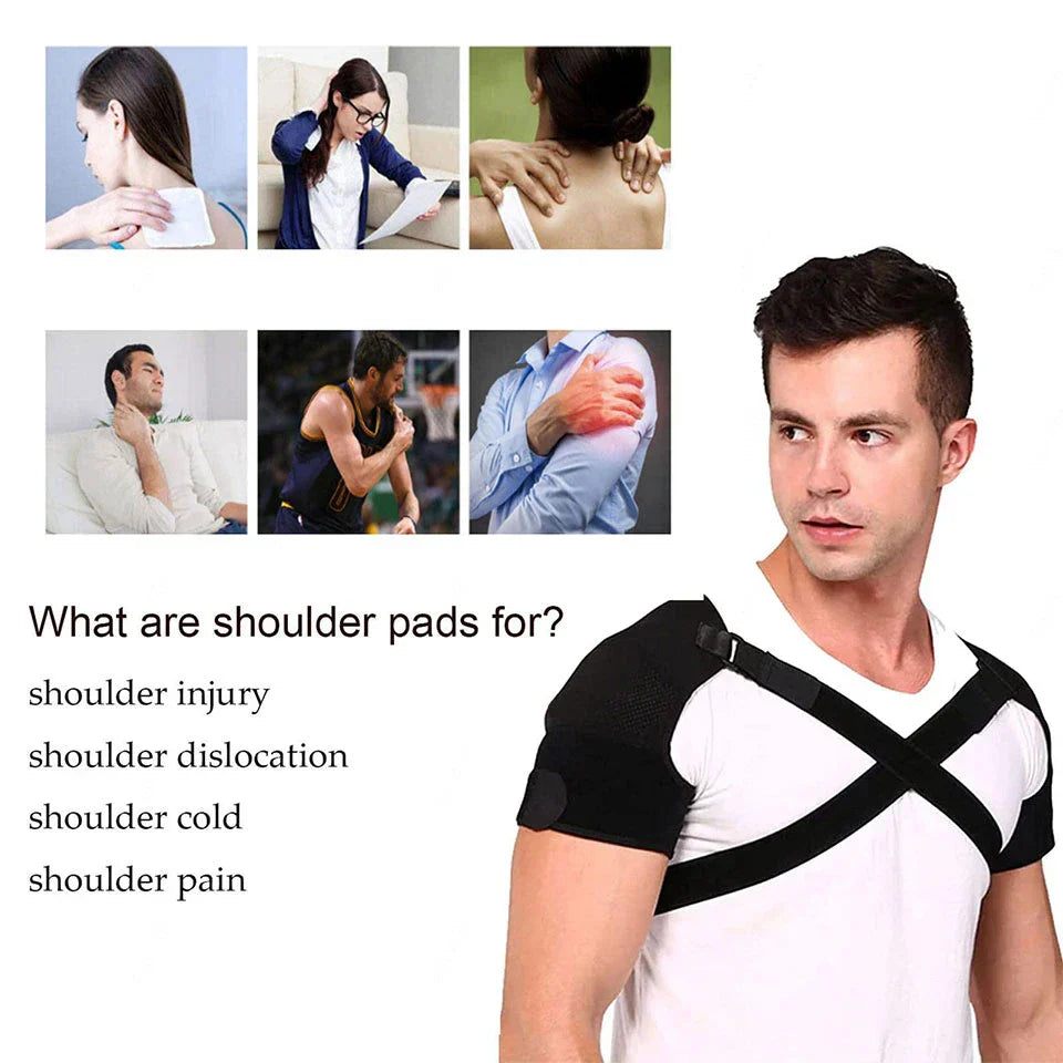 Black neoprene double shoulder brace wrap with adjustable compression straps for pain relief and recovery — view 2