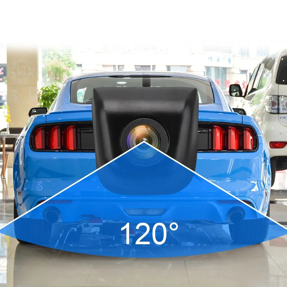 Black car reverse rear view camera with 120-degree wide angle lens and connection cables — view 4