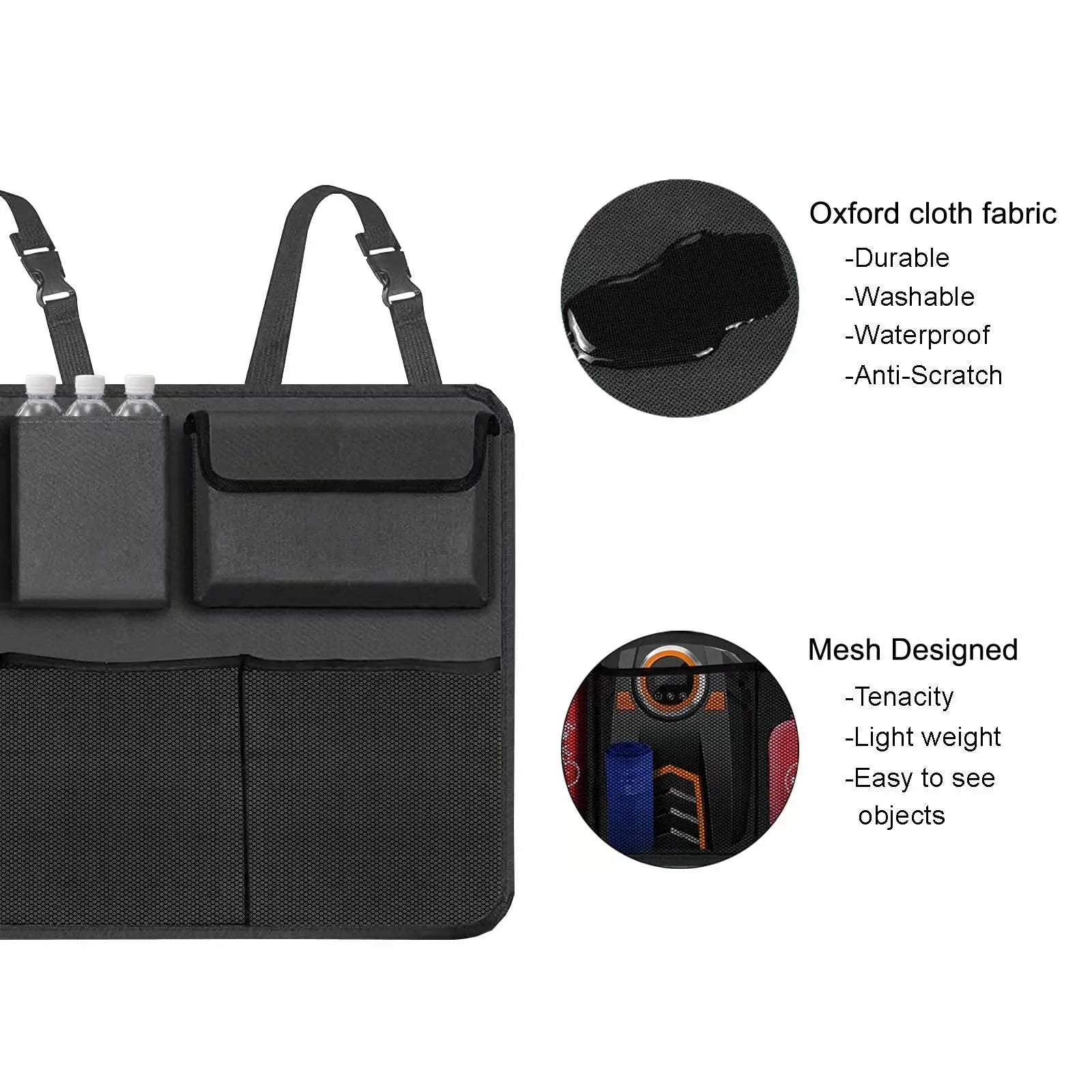 Black hanging car trunk organizer with 8 large storage pockets attached to vehicle backseat headrests — view 4