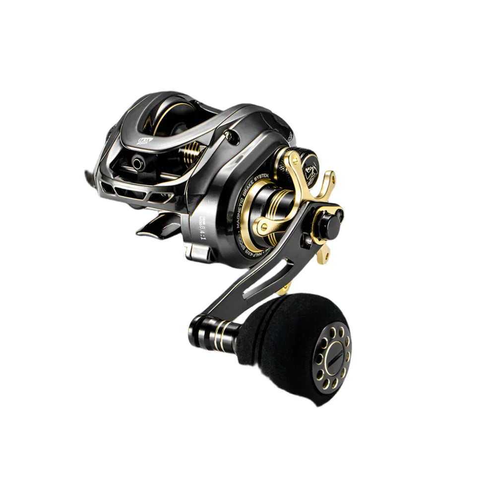 Right-handed black sea fishing reel with deep spool and ergonomic power handle.