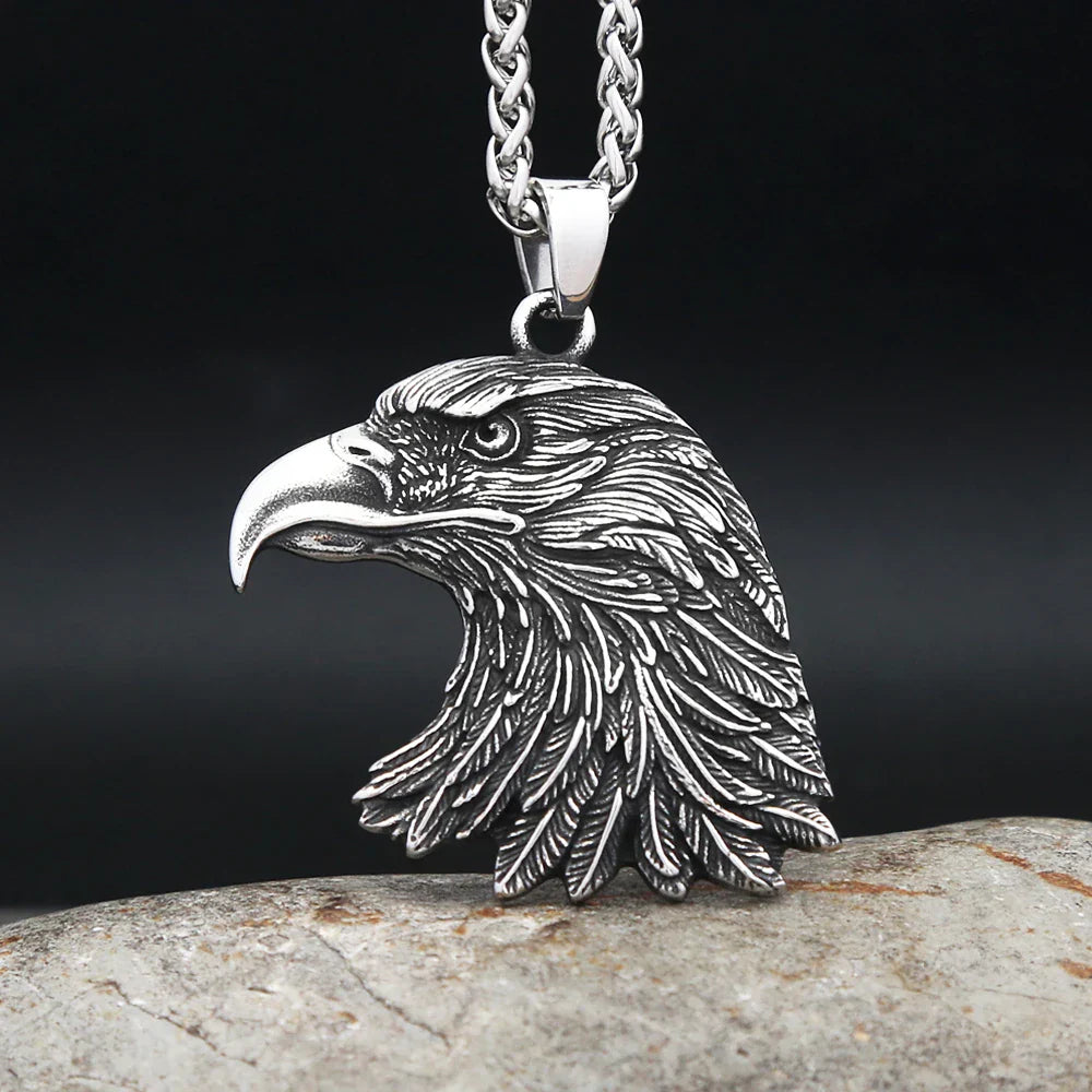 Gothic vintage eagle head pendant necklace in silver stainless steel on a chain
