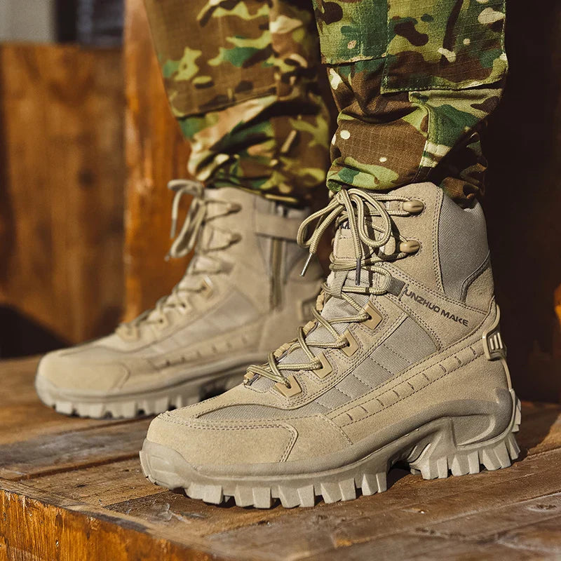 Mens khaki tactical desert work boots featuring lace-up design and durable non-slip rubber soles. — view 5