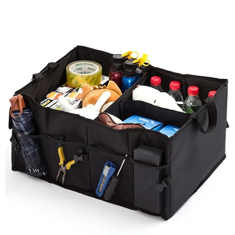 Black large capacity collapsible car trunk organizer made of waterproof Oxford fabric with multiple storage compartments — view 3