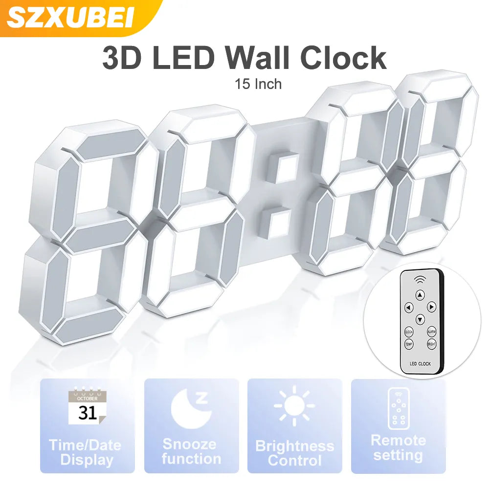 Modern 3D LED wall clock with large digital display, showing time and remote control accessories. — view 2
