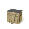 Khaki canvas multi-functional outdoor storage bag converting into a small portable camping table.