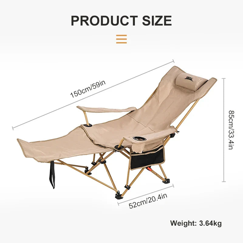 Khaki 2-in-1 reclining camping chair with retractable footrest cup holder and padded headrest pillow — view 5
