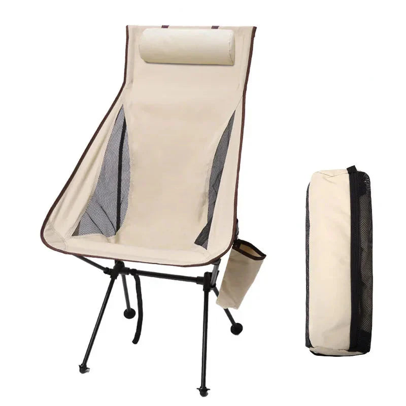 Beige ultra-light folding camping chair with aluminum frame and breathable 600D ripstop fabric
