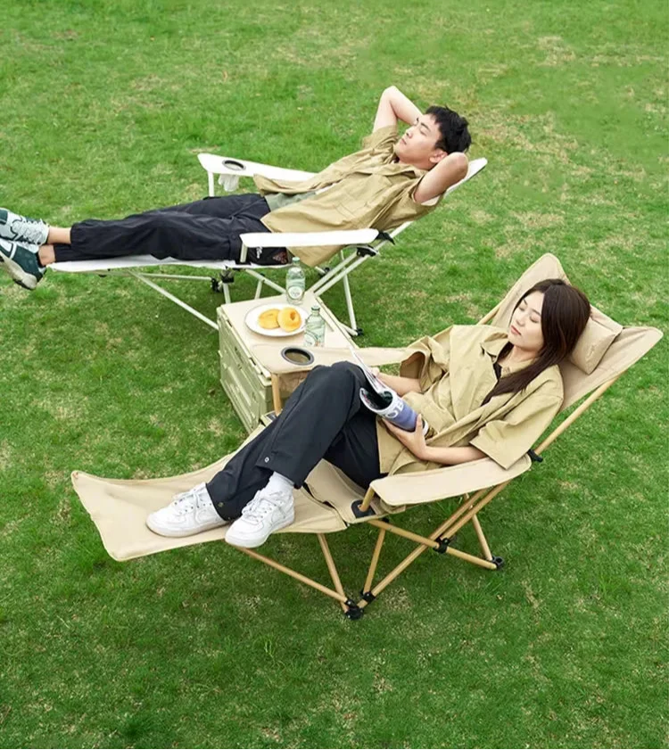 Khaki 2-in-1 reclining camping chair with retractable footrest cup holder and padded headrest pillow — view 2