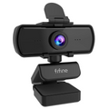 Black 1440p Full HD USB webcam attached to a small adjustable desktop tripod with cable