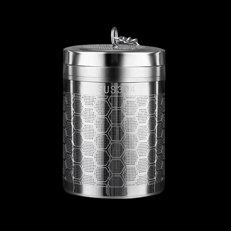 Fine mesh stainless steel tea infuser, silver reusable strainer with a secure locking lid and chain — view 6