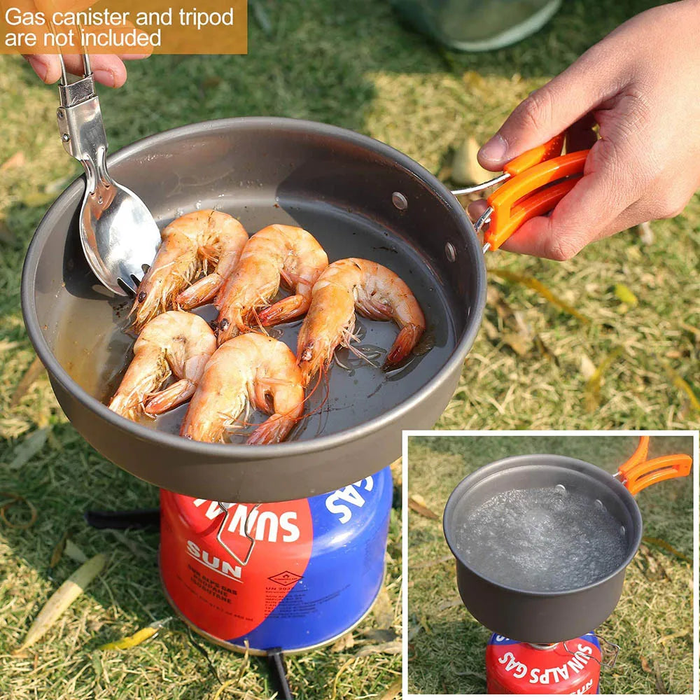Outdoor camping cookware set in aluminum with orange foldable handles including pot pan and teapot — view 4