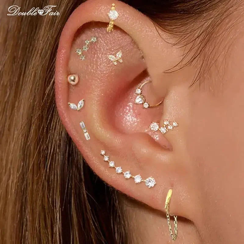 Dainty Y2K silver clicker earring with attached drop chain for helix and cartilage piercings
