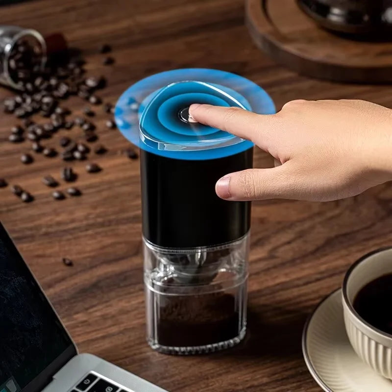 Black portable electric coffee grinder with adjustable settings and USB Type-C charging port — view 4
