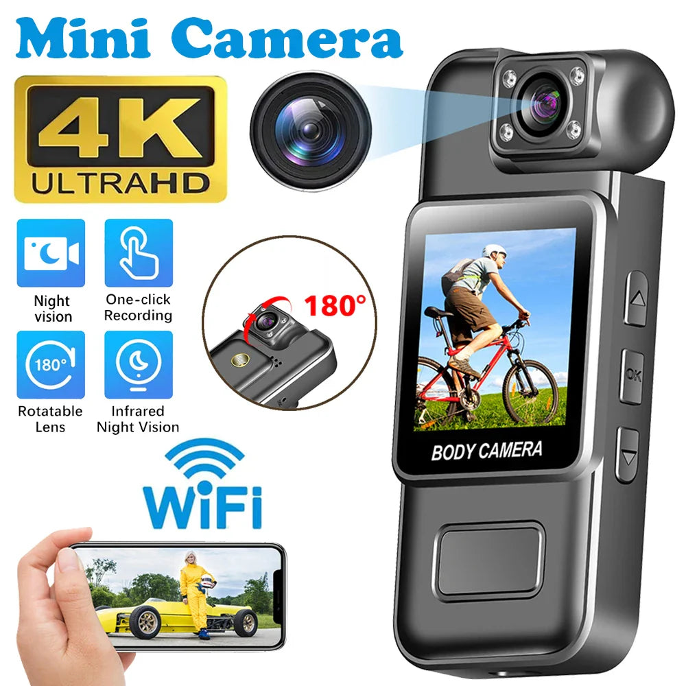Black WiFi mini body camera with wearable back clip color display screen and adjustable lens — view 3