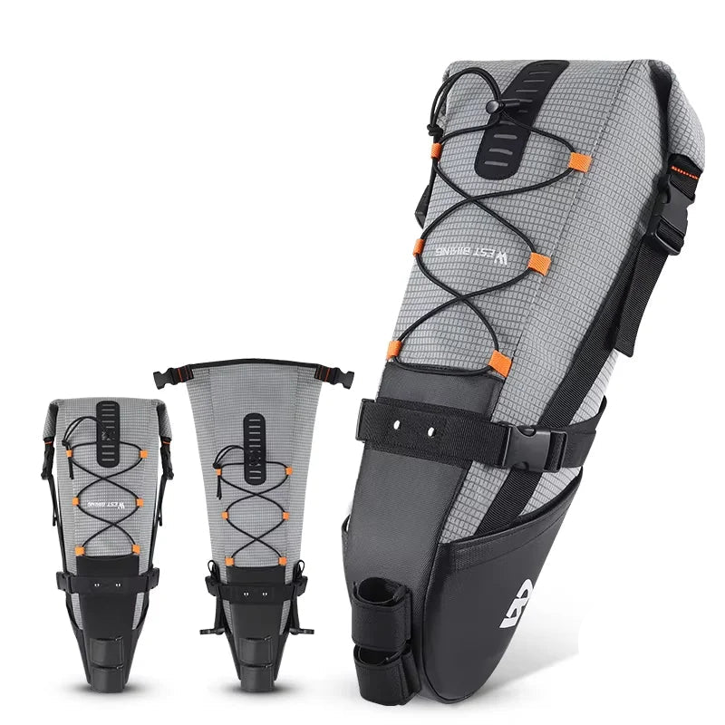 Gray waterproof 10L bike saddle bag with reflective details and roll top closure for cycling