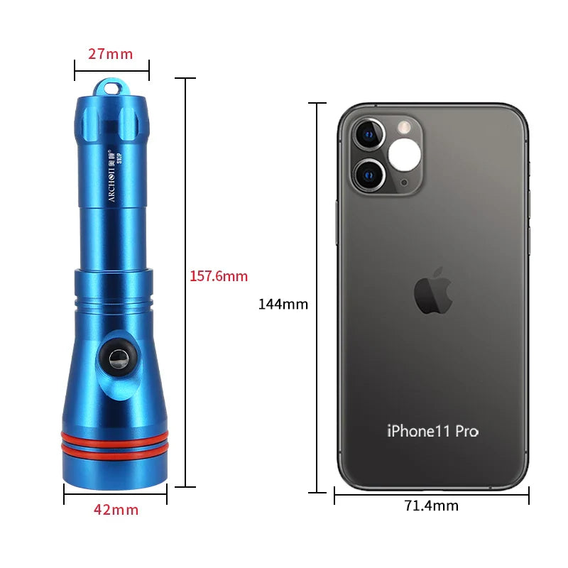 ARCHON S10P 2000 lumen scuba diving flashlight in durable aluminum with bright LED light beam — view 4