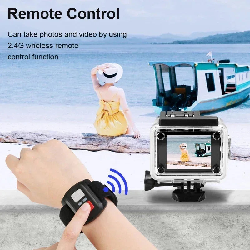 Black waterproof action camera with durable housing and wide angle lens for extreme sports — view 2