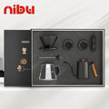 Coffee lovers gift set with stainless steel french press, manual grinder, scoop, infuser, and ceramic mug